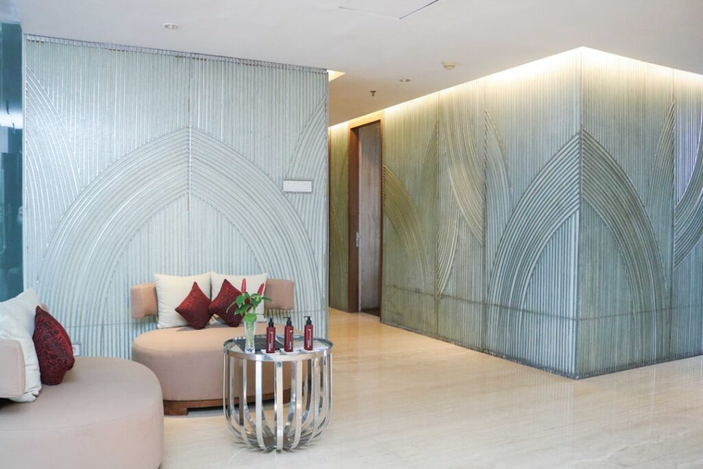 Elegant med spa reception desk with soft lighting, illustrating professional med spa Google Ads extensions setup for attracting new clients