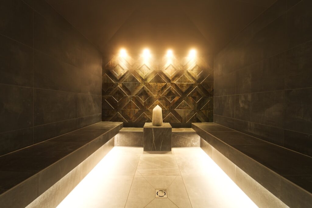 Luxury spa interior with warm textures and soft lighting