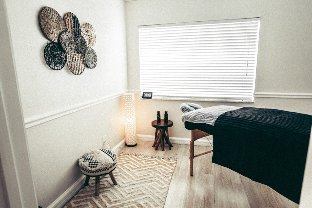 Minimalist med spa interior with clean lines and soft light