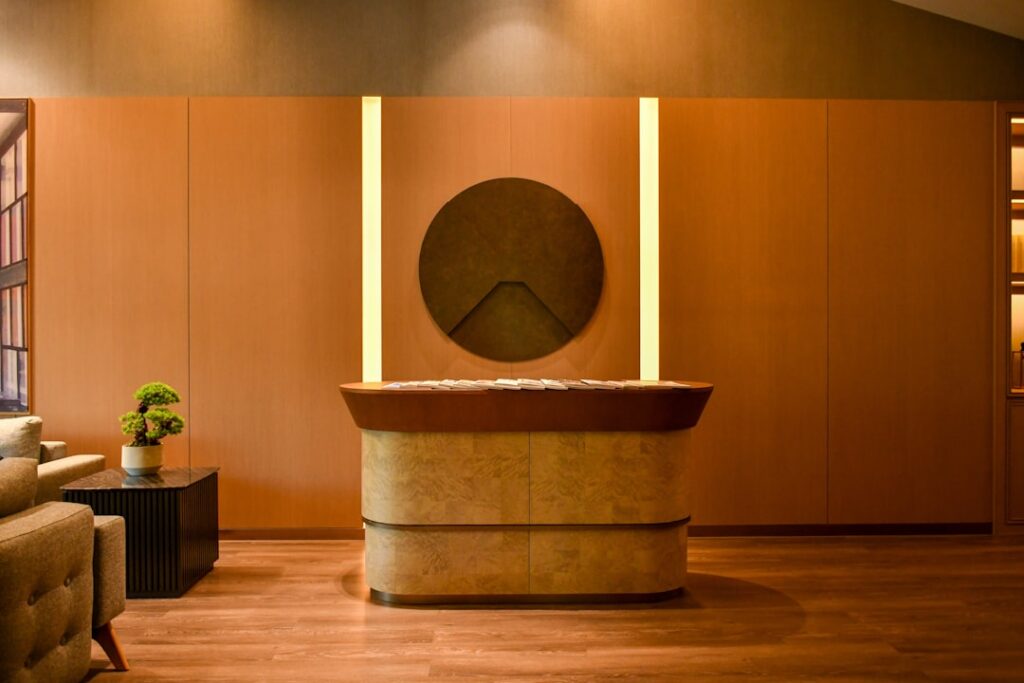 Modern med spa reception desk, illustrating the choice between Google Business Profile vs Yelp for med spas