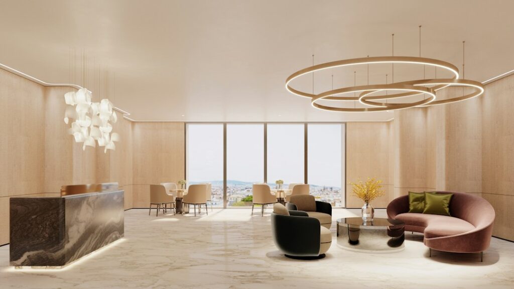 Minimalist marble reception desk representing med spa front desk scripts and consultation booking